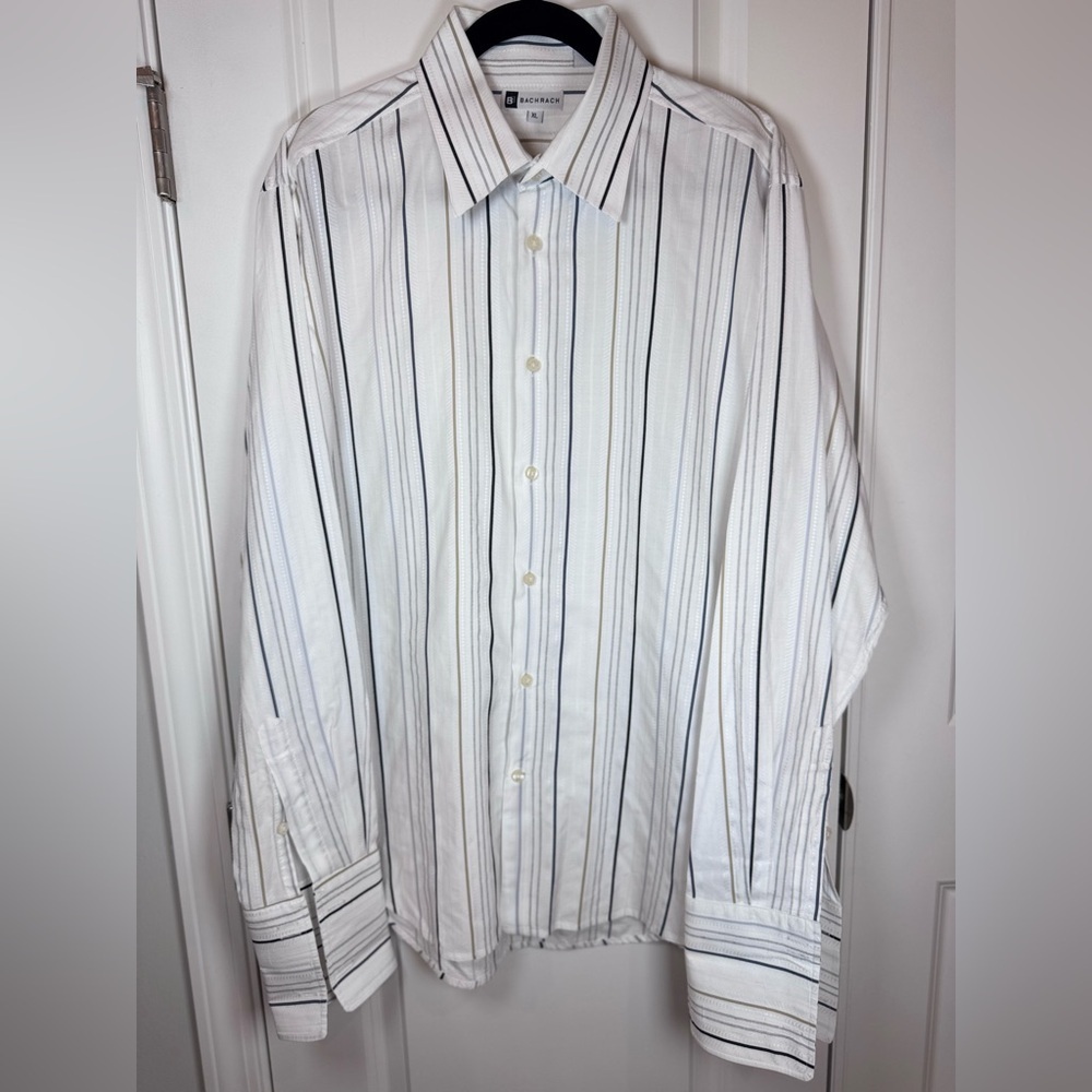 Bachrach Men’s XL French Cuff Striped Button-Down Shirt White Gray Business Work